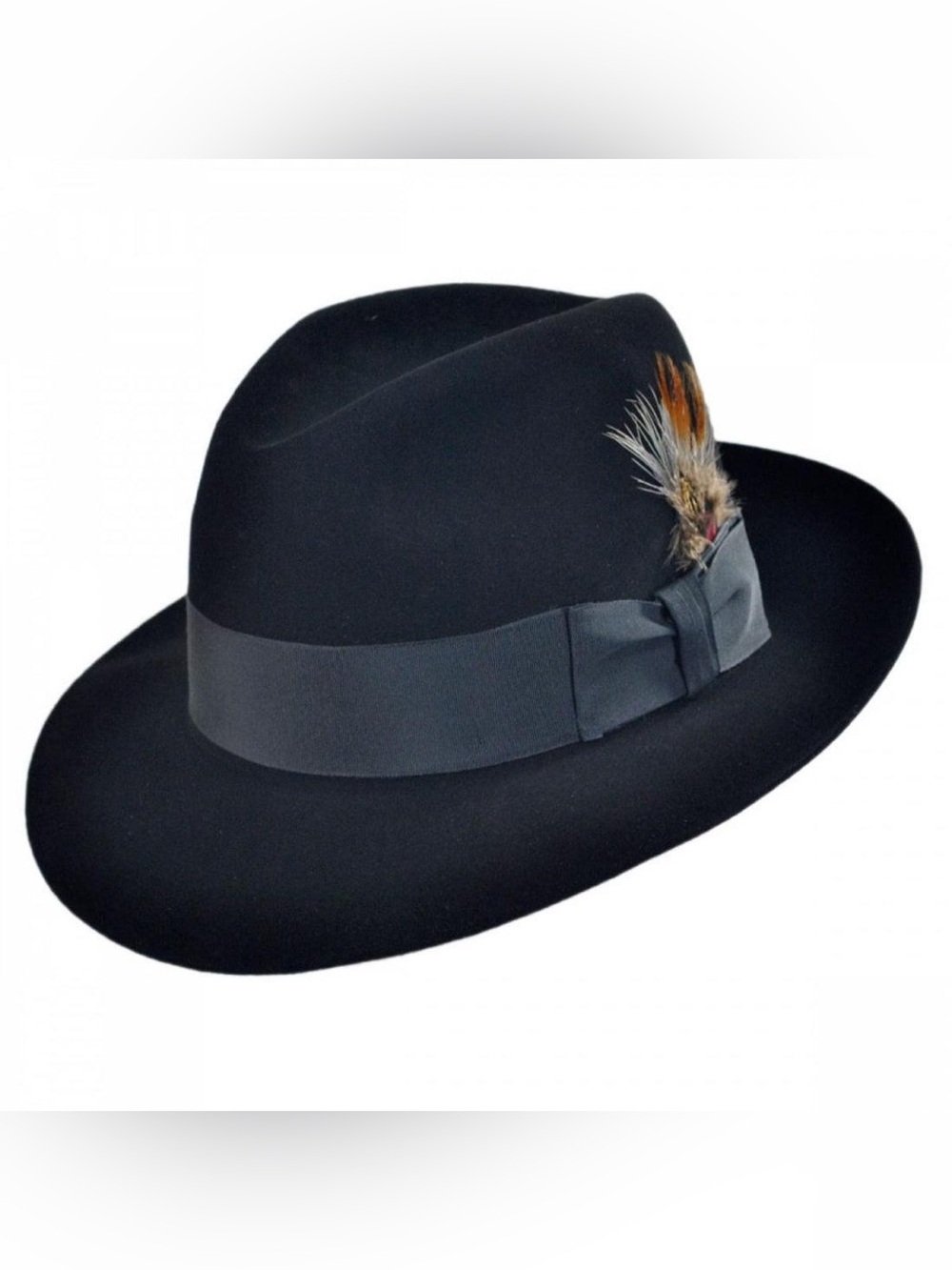 Stetson Black Fedora with Ribbon and Feather Accent
